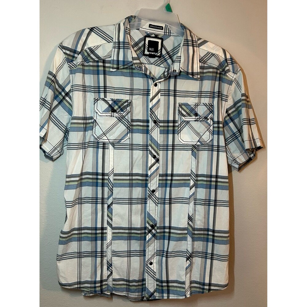 BKE Buckle Blue Plaid Pearl Snap Shirt Men’s XXL Western Athletic Fit CowboyCore